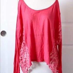 Free People Coral side sheer battenburg top